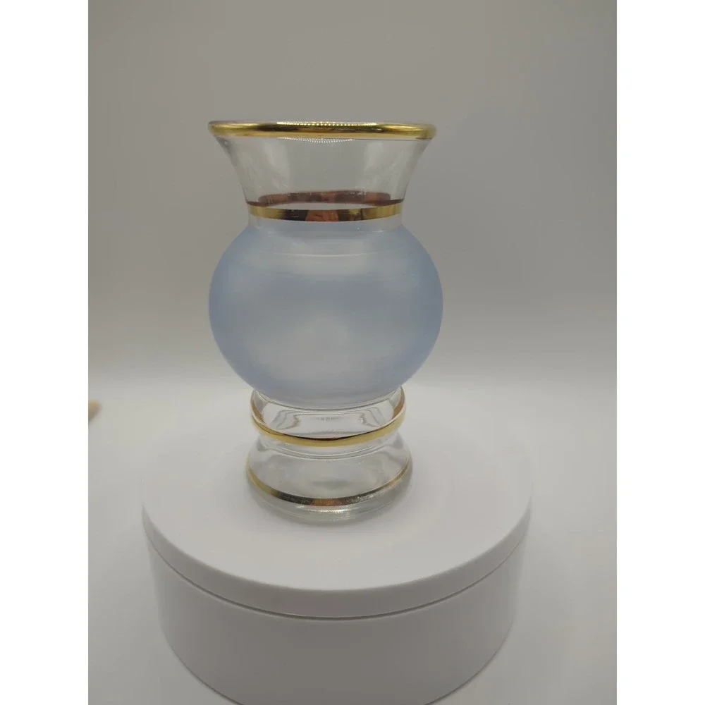 Vintage Bartlett Collins Frosted Mini Bud Vase Pale Blue Gold Accent 4in MCM